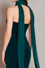 Dark Green Velvet Neck Scarf Long Mermaid Prom Dress