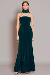 Dark Green Velvet Neck Scarf Long Mermaid Prom Dress