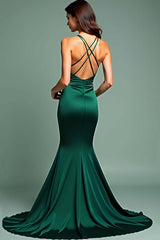 Dark Green Wedding Guest Dress Deep V-Neck Spaghetti Straps Long Prom Dress