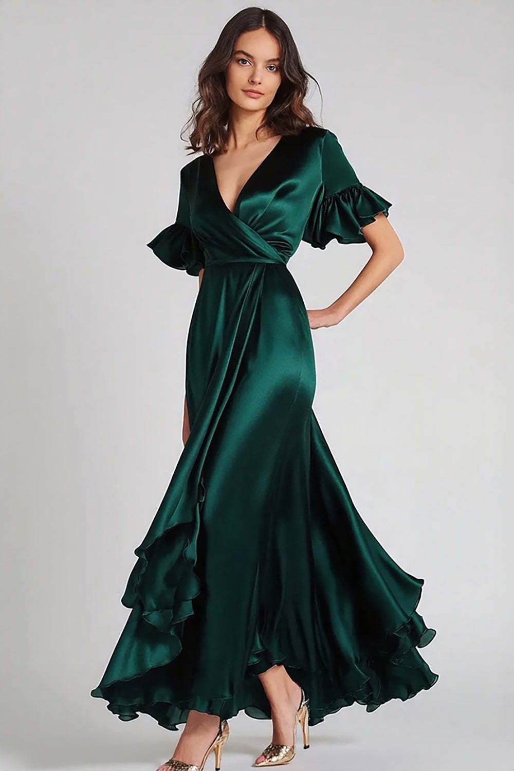 Suzhoufashion Dark Green Wedding Guest Dress V-Neck Satin Long Formal Dress with Ruffles Suzhoufashion Dark Green Wedding Guest Dress V-Neck Satin Long Formal Dress with Ruffles