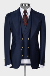 Dark Navy Peaked Lapel 3 Piece Business Men Suit