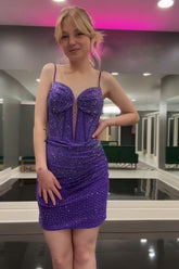 Dark Purple Homecoming Dresses Corset Tight Short Cocktail Dresses With Beadings