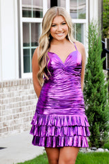 Dark Purple Homecoming Dresses Spaghetti Straps Tight Metallic Tiered Prom Dress