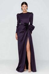 Suzhoufashion Dark Purple Sheath Ruched Crew Neck Long Sleeves Prom Dress With Slit