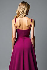 Dark Purple Wedding Guest Dress A Line V-Neck Satin Long Formal Dress With Ruffles