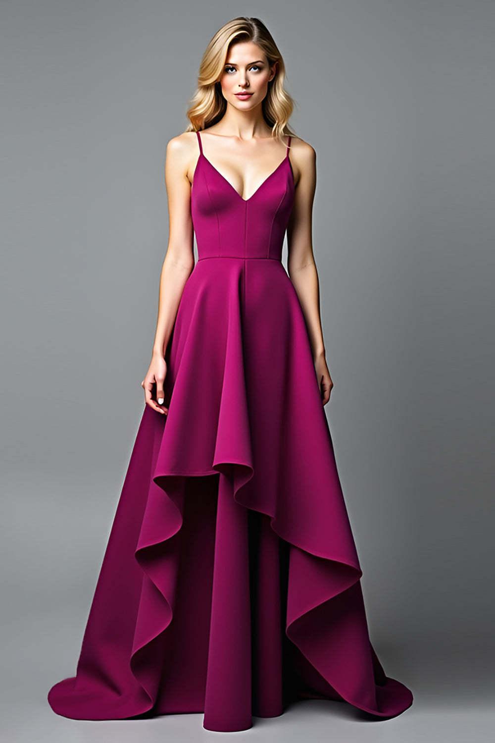 Dark Purple Wedding Guest Dress A Line V-Neck Satin Long Formal Dress With Ruffles