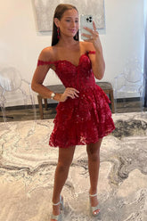 Dark Red Homecoming Dresses Corset Tiered Lace A-Line Short Cocktail Dresses