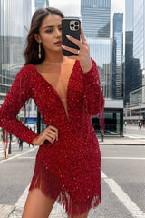 Dark Red Homecoming Dresses Sequined Long Sleeves Tight Short Cocktail Dresses with Fringes