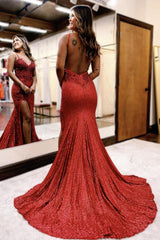 Dark Red Prom Dress Mermaid Long Lace Formal Dress With Slit