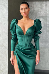 Dark green Bubble sleeves High-split Mermaid Evening Prom Dresses