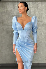 Dark green Bubble sleeves High-split Mermaid Evening Prom Dresses