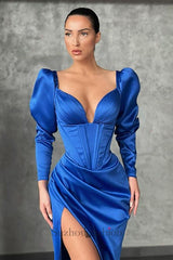 Dark green Bubble sleeves High-split Mermaid Evening Prom Dresses