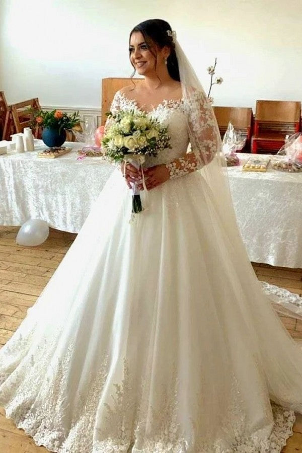Decent Sweetheart Long-Sleeve A-Line Tulle Wedding Dresses with Lace | Suzhoufashion Decent Sweetheart Long-Sleeve A-Line Tulle Wedding Dresses with Lace | Suzhoufashion
