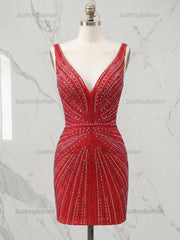 Deep V-Neck Allover Rhinestone Starburst Bodycon Homecoming Dresses Mini Cocktail Dress