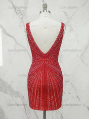 Deep V-Neck Allover Rhinestone Starburst Bodycon Homecoming Dresses Mini Cocktail Dress