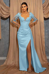 Deep V Neck Beads Long Sleeves Lace Appliques Pleated Evening Formal Dress With Ruffled