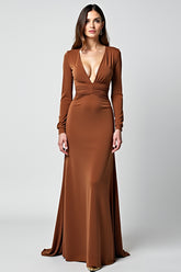 Deep V-Neck Caramel Sheath Long Gala Dress With Long Sleeves