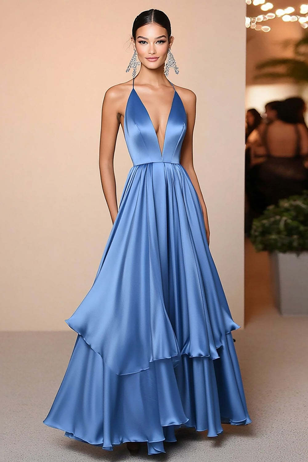 Suzhoufashion Deep V-Neck Floor Length Blue Wedding Guest Dress A Line Satin Formal Dress Suzhoufashion Deep V-Neck Floor Length Blue Wedding Guest Dress A Line Satin Formal Dress
