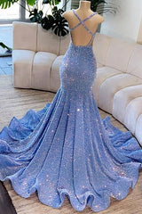 Deep V-Neck Mermaid Sequins Backless Formal Dresses