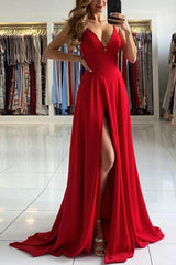 Deep V-Neck Red Prom Dress A Line Long Formal Dress With Slit