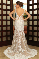 Deep V-Neck Wedding Dresses Over Skirt Shher Tulle Lace Appliques Wedding Dress