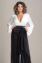 Deep V-Neck White And Black Wedding Guest Dress Satin Long Sleeves Formal Jumpsuits