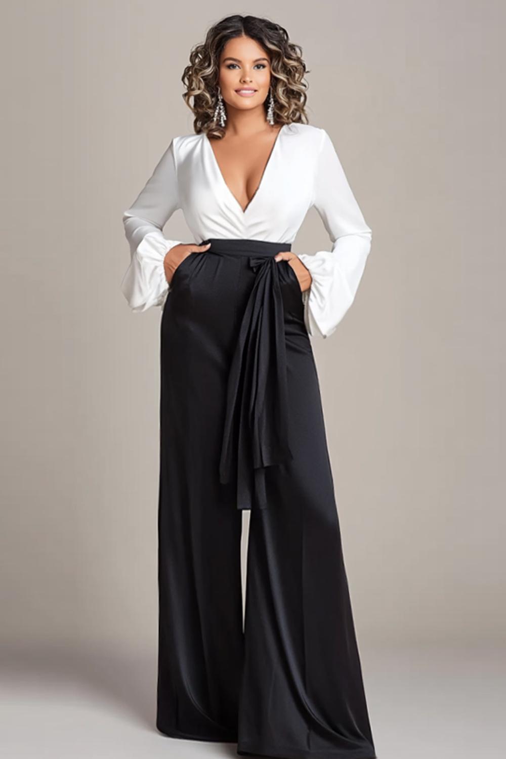 Deep V-Neck White And Black Wedding Guest Dress Satin Long Sleeves Formal Jumpsuits