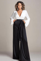 Deep V-Neck White And Black Wedding Guest Dress Satin Long Sleeves Formal Jumpsuits