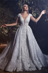Deep V-neck Cap Sleeves 3D Lace Appliques Wedding Dresses Luxury Overskirt Court Train Bridal Dress