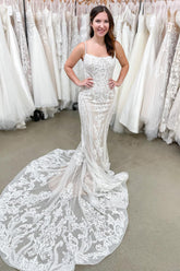 Delicate Appliques Lace Mermaid Spaghetti Straps Backless Floor-length Beach Wedding Dress
