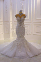 Delicate Beading Appliques Mermaid Bridal Gowns | Sheer Tulle Sparkling Wedding Dresses