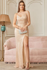 Deluxe Floor-Length Mermaid V-Neck Spaghetti Straps Sequined Prom Dresses with Slit