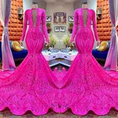 Designer Fuchsia V-neck Mermaid Sparkle Long Prom Dress With Long Sleeves