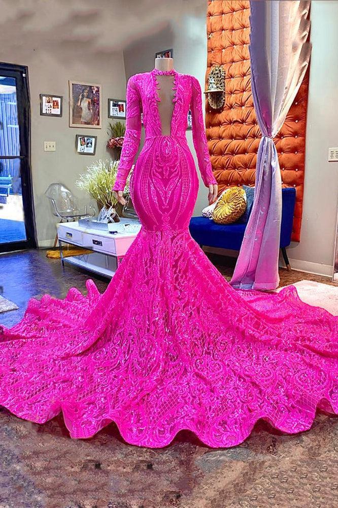 Designer Fuchsia V-neck Mermaid Sparkle Long Prom Dress With Long Sleeves