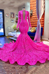 Designer Fuchsia V-neck Mermaid Sparkle Long Prom Dress With Long Sleeves