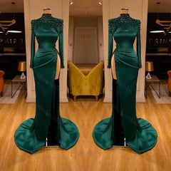 Designer Long Dark Green High Neck Long Sleeves Beading Prom Dress Split Long