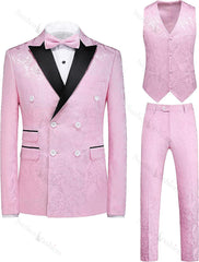 Double Breasted Pink Jacquard 3 Piece New Arrival Prom Suit