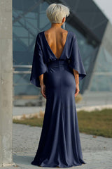 Dreamyannie Elegant Navy Satin Mermaid Backless Long Mother Of The Bride Dress With Pockets