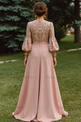 Dreamyannie Lace Dusty Rose Puff Sleeves A Line Floor Length Mother Of The Bride Dress