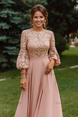 Dreamyannie Lace Dusty Rose Puff Sleeves A Line Floor Length Mother Of The Bride Dress