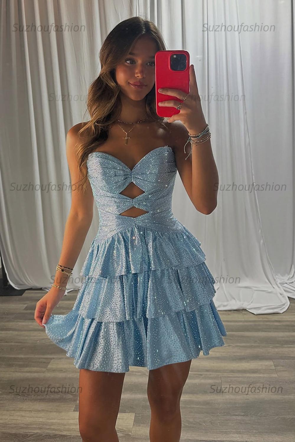 Dreamyannie Light Blue A Line Homecoming Dresses Tiered Short Cocktail Dresses With Beading