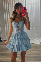 Dreamyannie Light Blue A Line Homecoming Dresses Tiered Short Cocktail Dresses With Beading