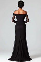 Mermaid Black Wedding Guest Dress Off The Shoulder Formal Dress With Mesh Long Sleeves