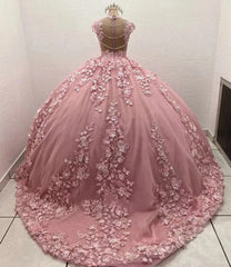 Dressystarselegant Ball Gown Sweetheart Neck Sleeveless 3D Flower Appliques Beaded Pink Tulle Princess Gown Quinceanera Dress For Sweet 16