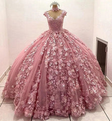 Dressystarselegant Ball Gown Sweetheart Neck Sleeveless 3D Flower Appliques Beaded Pink Tulle Princess Gown Quinceanera Dress For Sweet 16