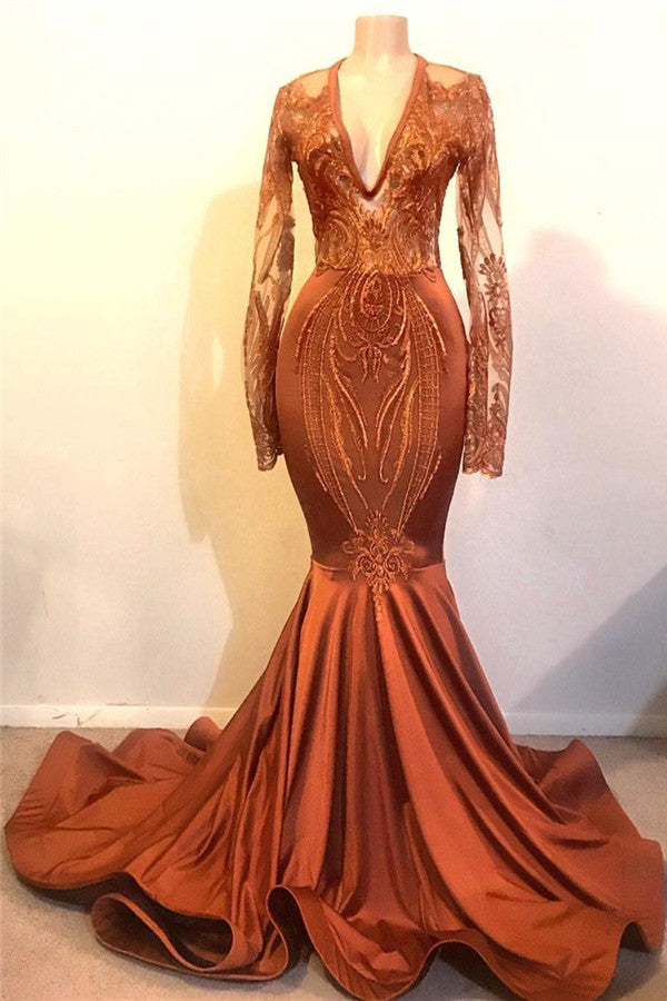 Dust Orange Mermaid Prom Dresses Long Sleeves With Lace Appliques BC1115