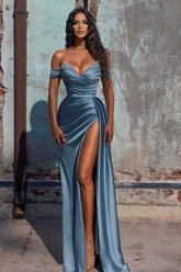Dusty Blue Off-the-Shoulder Satin Mermaid Prom Dress Side Slit Party Gown