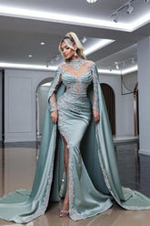 Dusty Blue Prom Dress High Neck Long Sleeve Slit Watteau Train Satin Formal Dress With Appliques