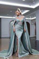 Dusty Blue Prom Dress High Neck Long Sleeve Slit Watteau Train Satin Formal Dress With Appliques