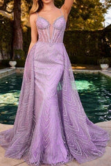 Dusty Blue Prom Dress Sequined Spagheetti Straps Evening Dress with Detachable Train